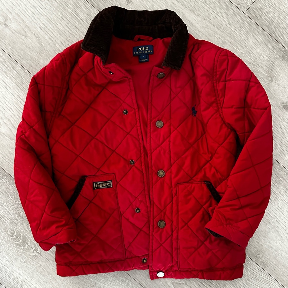 Boys sz 7 POLO Ralph Lauren jacket. Button up. Red w/ brown corduroy collar.